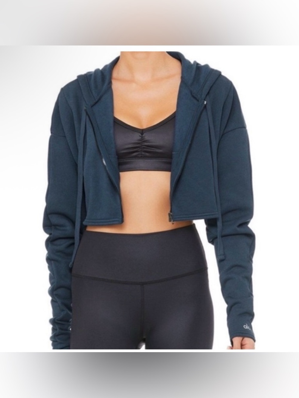 ALO Yoga Cropped Zip Hoodie Teal Blue Cotton Blend Athletic Sweatshirt Size L